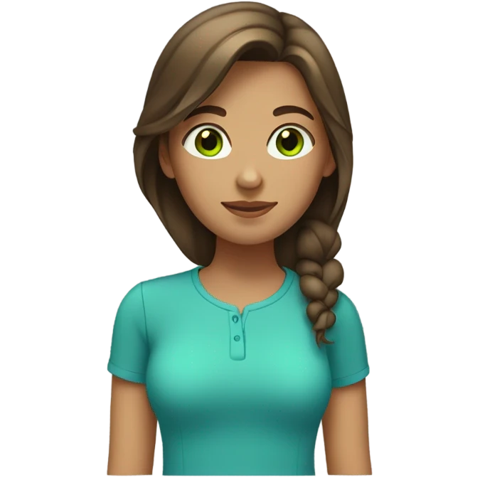 Girl with medium length brown hair, green eyes, tan skin and a blue shirt emoji
