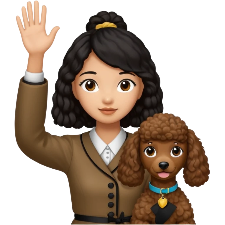Asia tie up hair girl with brown poodle say good bye emoji