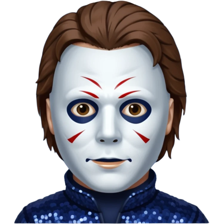 Michael Myers with white mask with brown hair, dark indigo sequin outfit  emoji