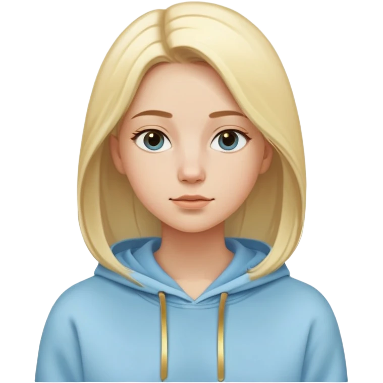 Woman with oval face, light blonde straight hair parted to the side, dreamy expression, wearing a light blue hoodie with gold and white accents emoji
