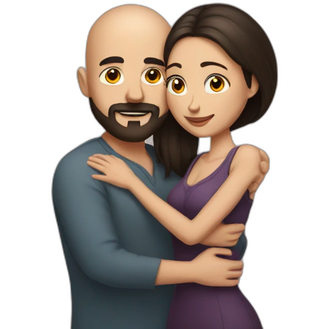 Intimate bald man beard hugging short dark hair woman emoji