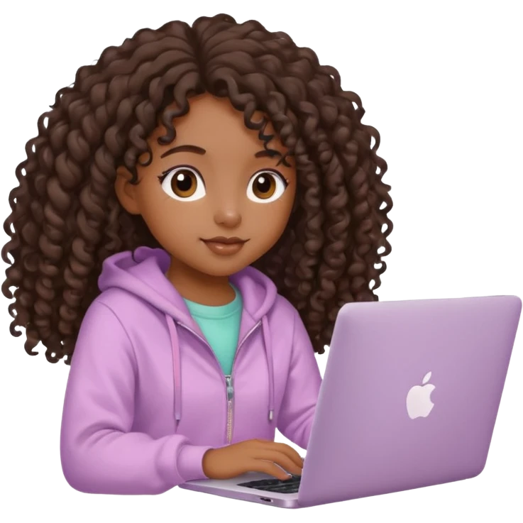 cute black girl with long curly hair, sitting at an Apple laptop, wearing pastel soft aesthetic clothing emoji