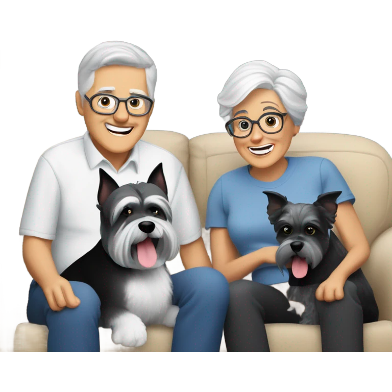 Two grandparents with grey hair sitting on the couch watching the superbowl with their schnauzer black and white dog￼ emoji