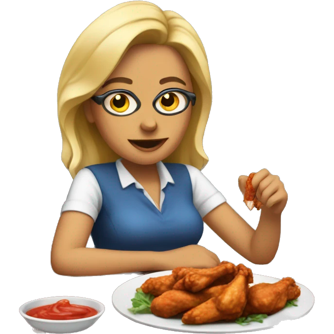 Generate a woman at a desk eating chicken wings emoji