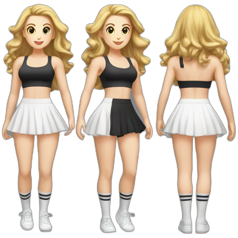 alistic-full-body-caucasian-curvy-beauty-jumping-short black-skirt-back-and-front-views-strong-wind-knickers-long-white-socks emoji