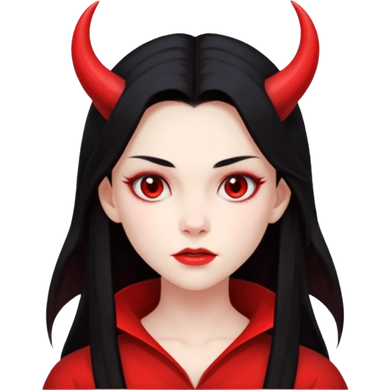 Head only demon girl; face with pronounced cheekbones and angular jaw; skin is uniform pure red (#FF0000) everywhere; long straight smooth black hair; small horns emoji