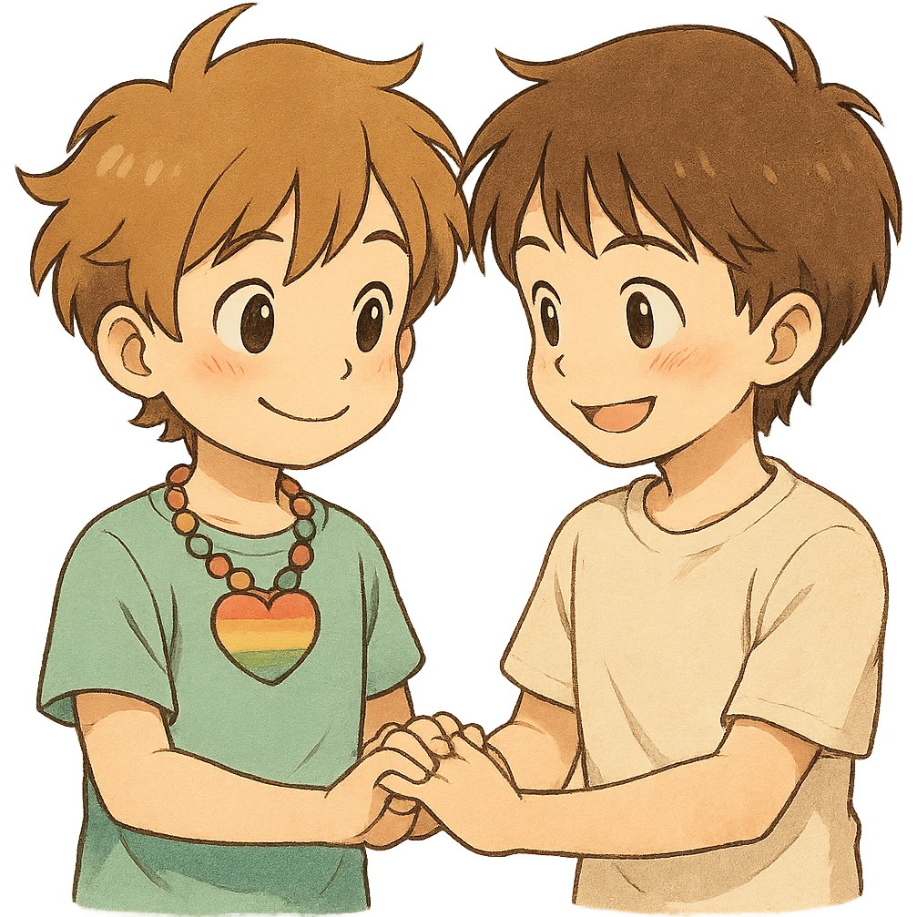 Anime boy holding hands with another boy, both smiling, heart-shaped rainbow necklace, blushing, cute and friendly expression, no background, detailed anime style with soft shading and warm colors. emoji
