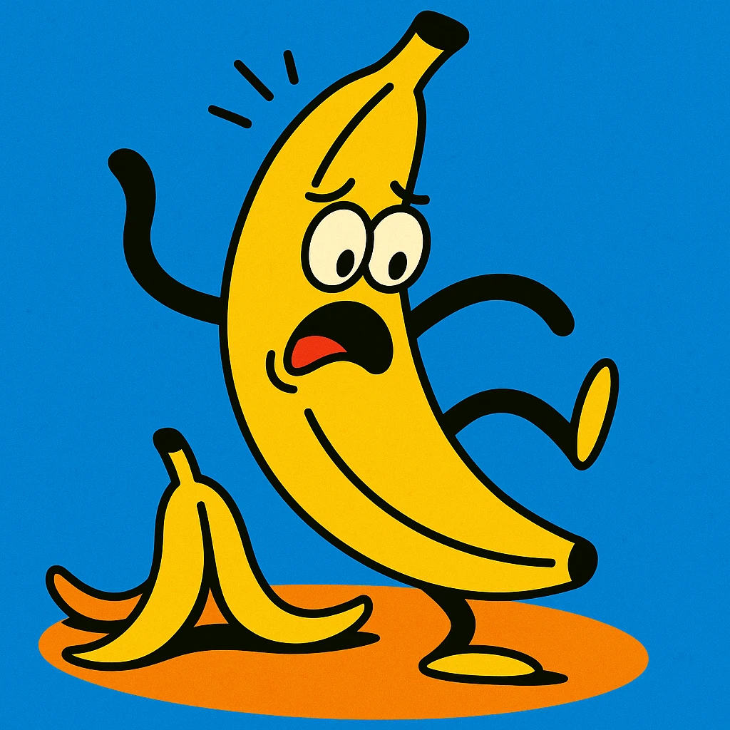 a banana slipping on a peel, vibrant toon style emoji