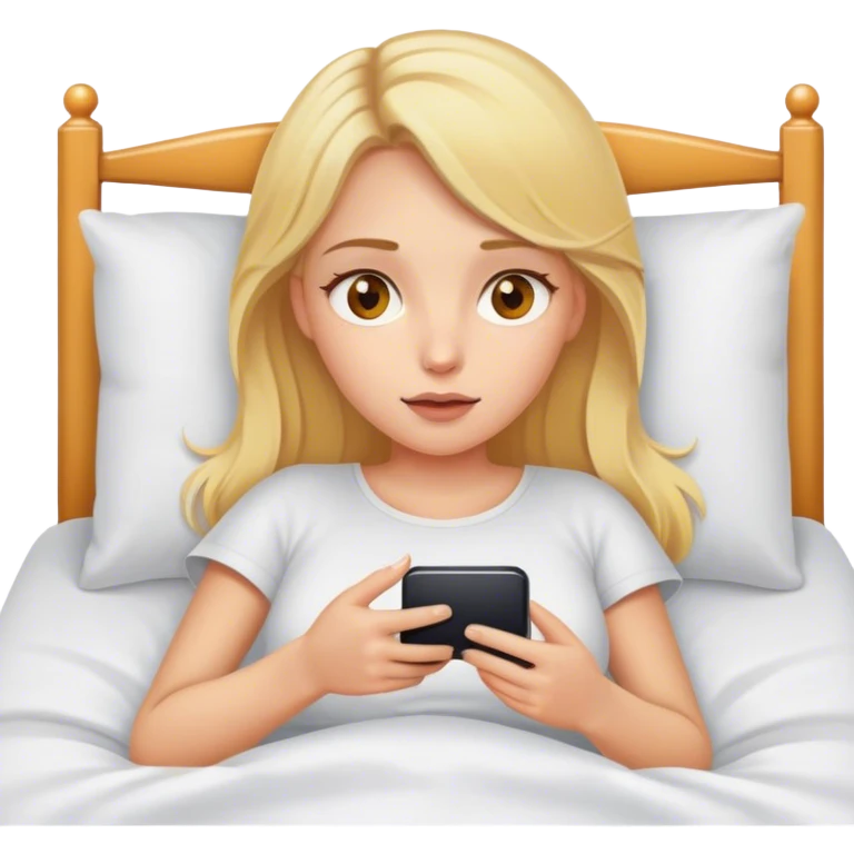 chica blanca, rubia, ojos color miel, usando el celular en la cama  emoji