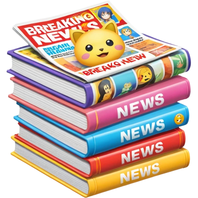 stack of colorful anime magazines with a breaking news banner, emoji style emoji