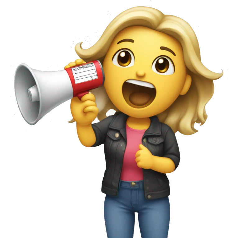 girl shouting into megaphone and holding 2 tickets in hand emoji