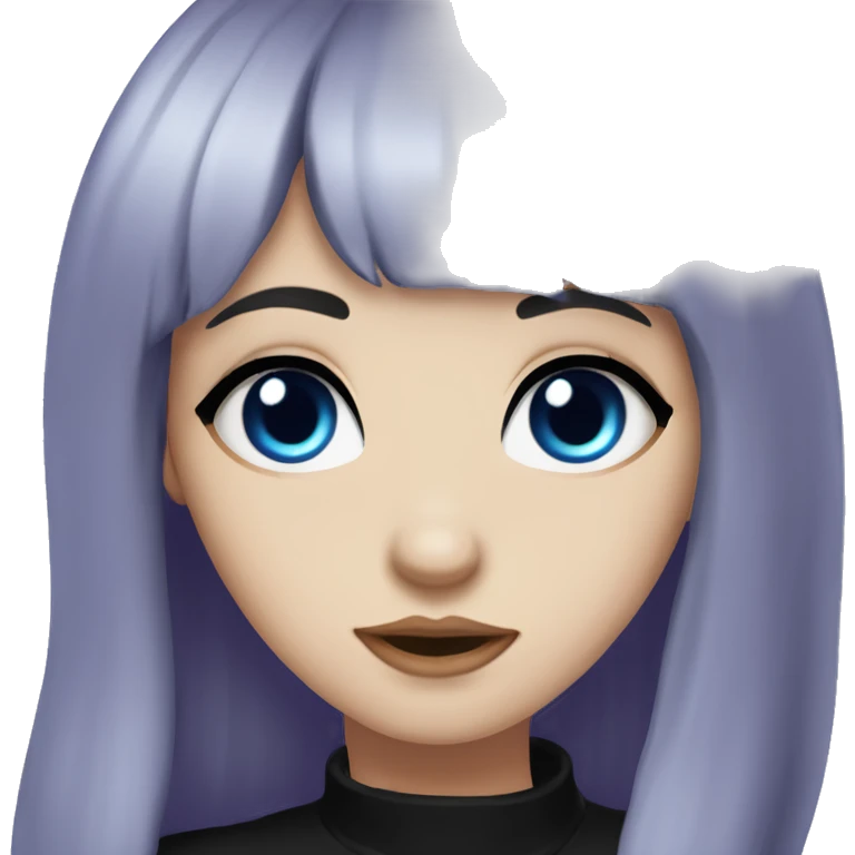 girl, pale skin, blue eyes, long hair, deep dark purple hair, bangs, black clothes, eyeliner, upper lip mole, black choker emoji