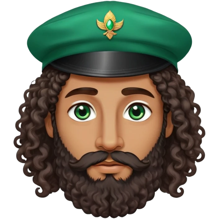 Hyper realistic man, emerald eyes, long curly hair with a cap, long well-groomed beard, dark skin, full lips, beautiful nose, Armenian Spanish descent emoji