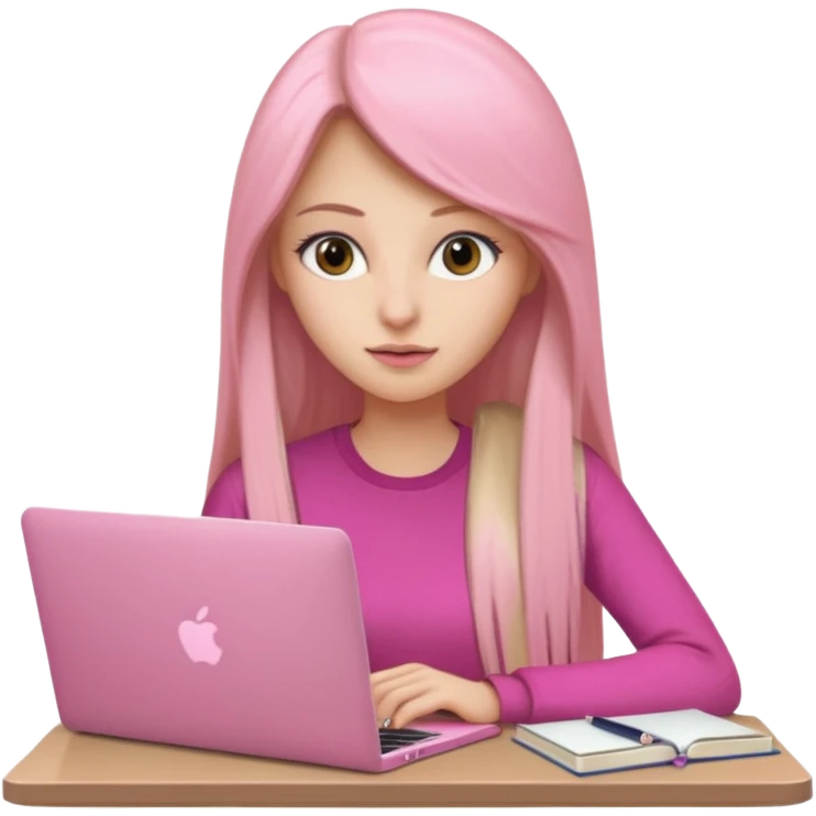 Mujer lacia peli larga y peli larga  en una MacBook rosa investigando y haciendo tareas con un libro de apuntes y con cara muy linda como modelo emoji