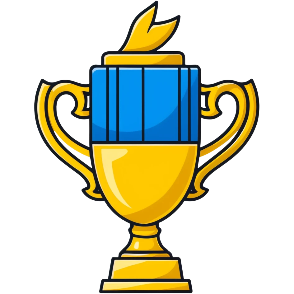golden championship trophy with blue ribbons emoji