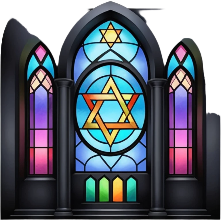 jewish synagogue temple in dark goth aesthetic style with black building and very light tint rainbow stained glass windows. and star of david and celestial symbolism emoji