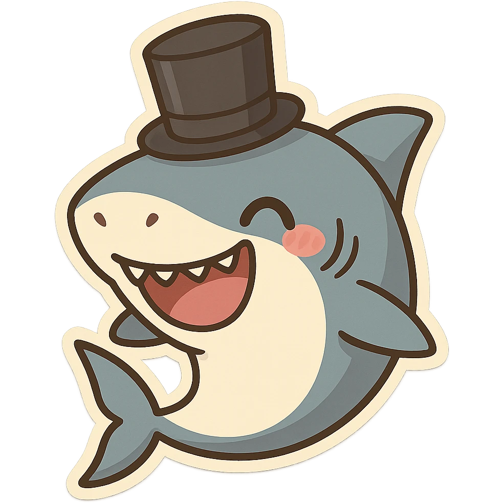 a fun and expressive shark wearing a top hat emoji