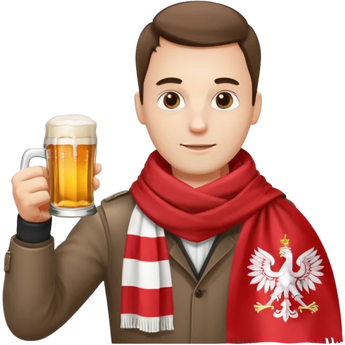 A man wearing a red and white scarf holding a Polish flag in one hand and a beer in the other emoji