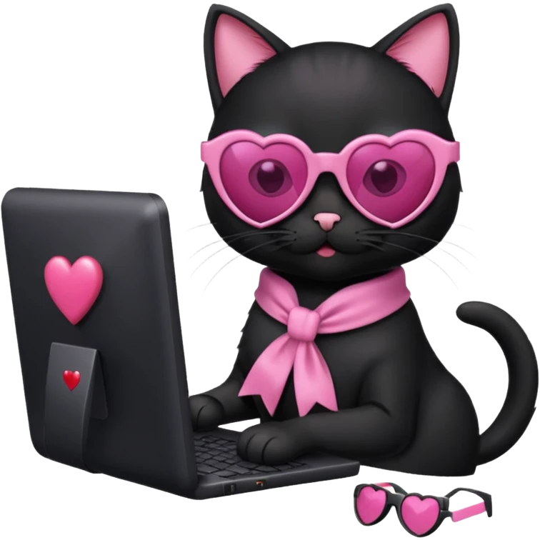 Black cat with pink ribbon and sunglasses doing pink computer with pink heart emoji