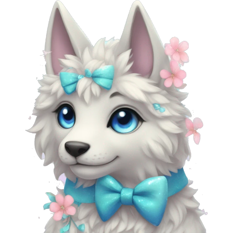 Anthro Cute Cool Kawaii gorgeous sparkly ethereal fantasy animal creature with blue eyes furry sona with flowers and bow tie beautiful aesthetic emoji