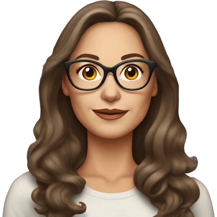 50 years old girl
long brown hair with volume styling
light skin
glasses with refined frame
Brown eyes with cat eye liner emoji