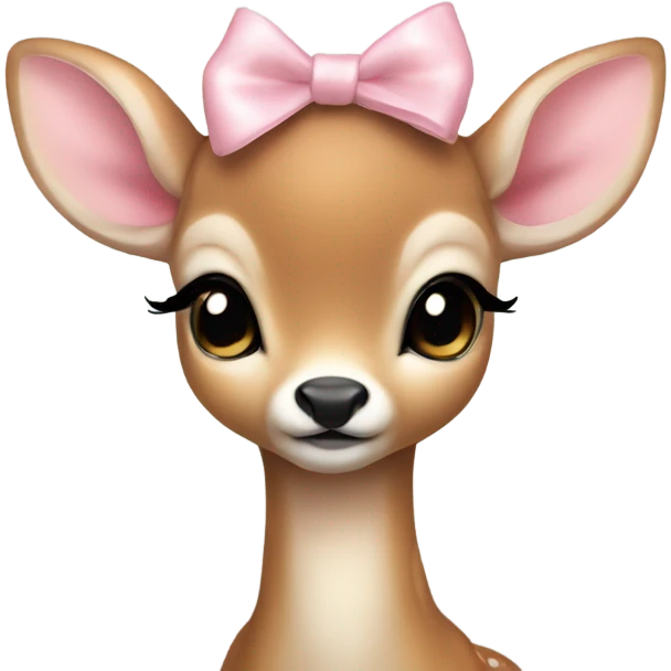 Baby deer with a little light pink bow on its head. The deer is curled up. emoji