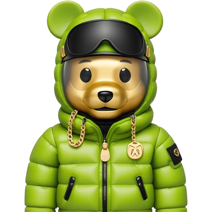 bearbrick in lime balaclava with logos where eye section is a single continuous dark visor lens integrated directly into the mask fabric, not additional eyewear, luxury puffy jacket with fur, gold chains emoji