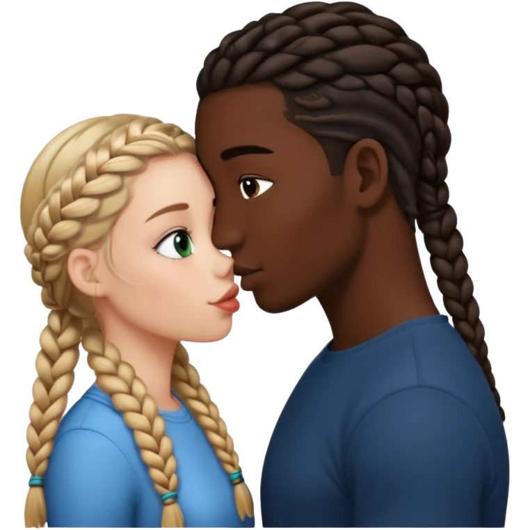 Please create a French kiss between a white girl with braids  and black boy with straight hair emoji