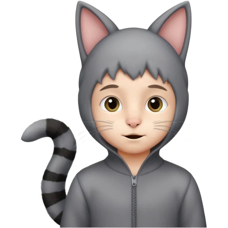 little kid Boy in gray cat suit with tail and ears emoji