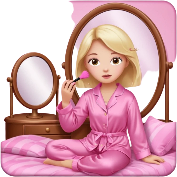 Show me a picture or a girl cat sitting in a cute room doing makeup into a pink little mirror wearing pink silky pajamas in a pink blanket emoji