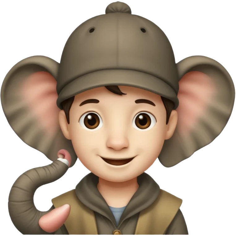 A boy that has a elephant hat that has a trunk emoji