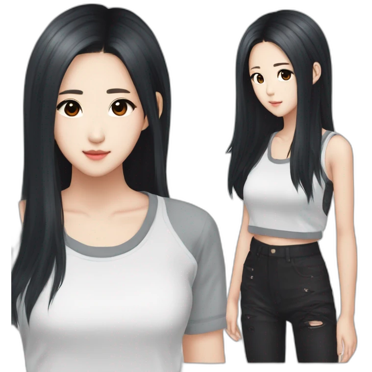 Kim jisoo idol with long but wolf cut bandgs with black hairs and with white sweatshort hair emoji