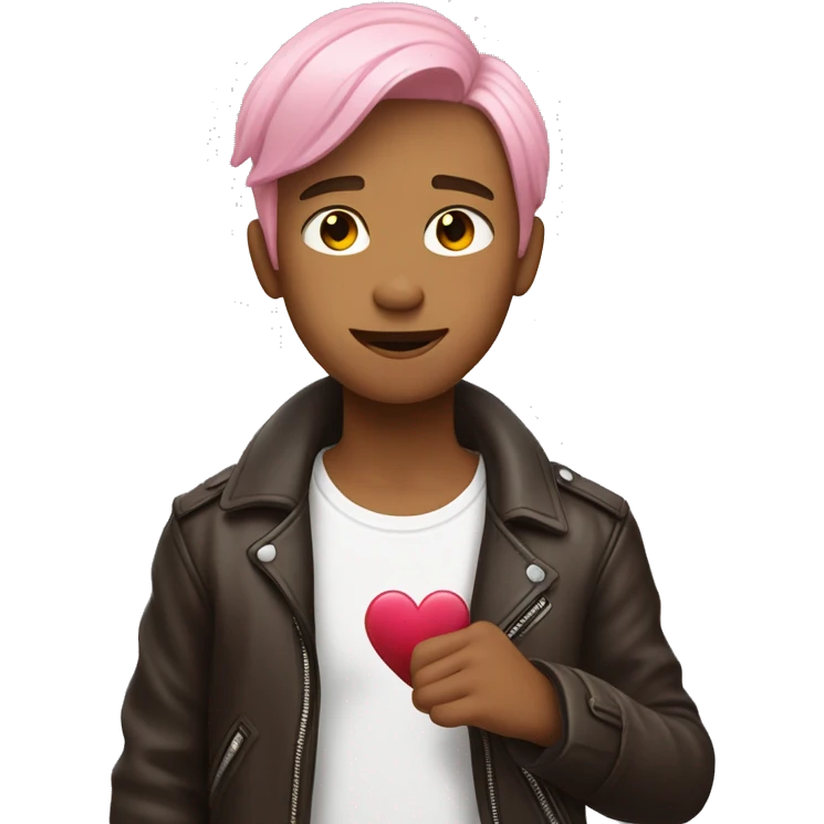 A young guy with shoulder-length pink hair wearing a white T-shirt and a brown leather jacket shows a heart with his fingers emoji