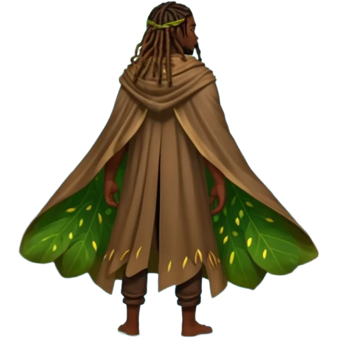 full body woodland character, dark skin man with dreadlocks, from behind, open back leaf cloak, wet skin shine, fireflies around emoji