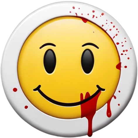 Yellow round smiley face badge with a small red blood splatter emoji