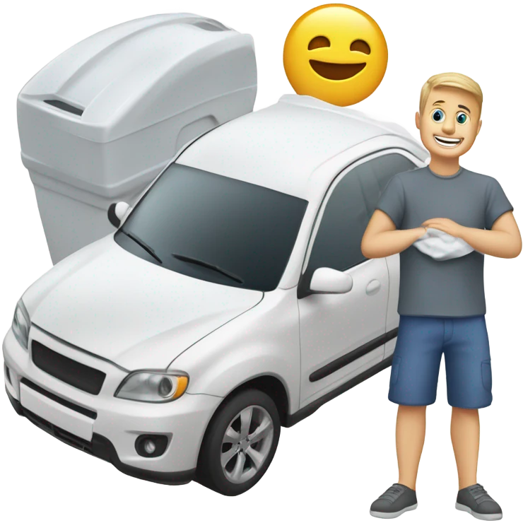 Happy white guy washing a white car ￼ emoji