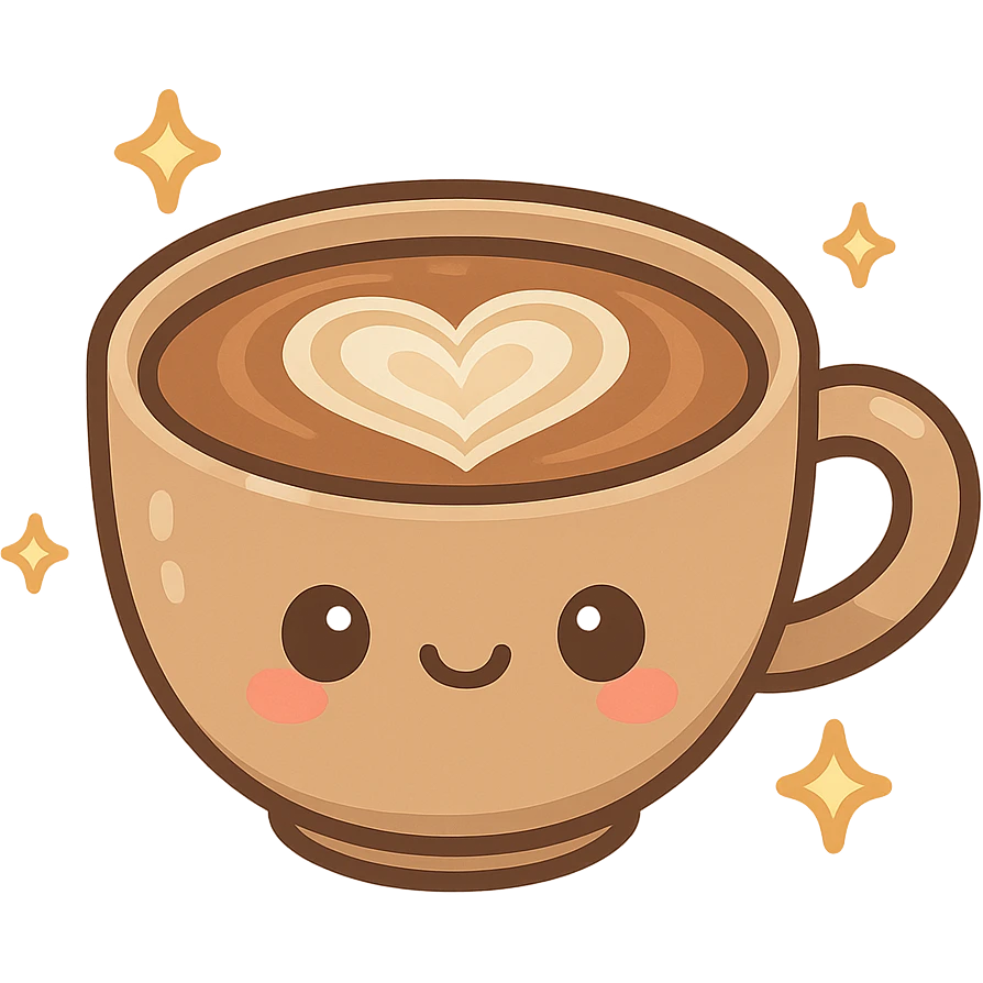 kawaii style cup of coffee with a heart-shaped latte art and sparkles emoji