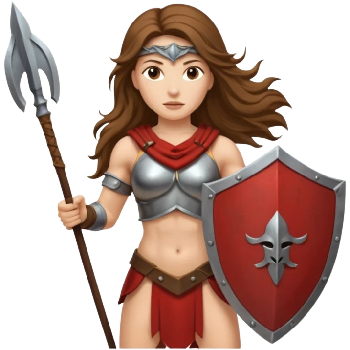 long haired woman spartan warrior holding spear and shield emoji