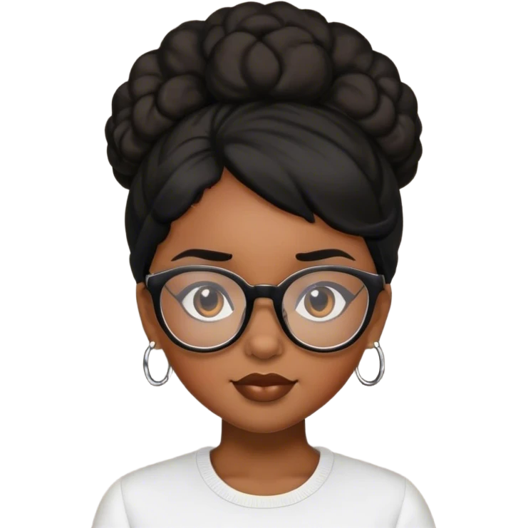 Brown skin girl with black hair with a puff and glasses.  emoji