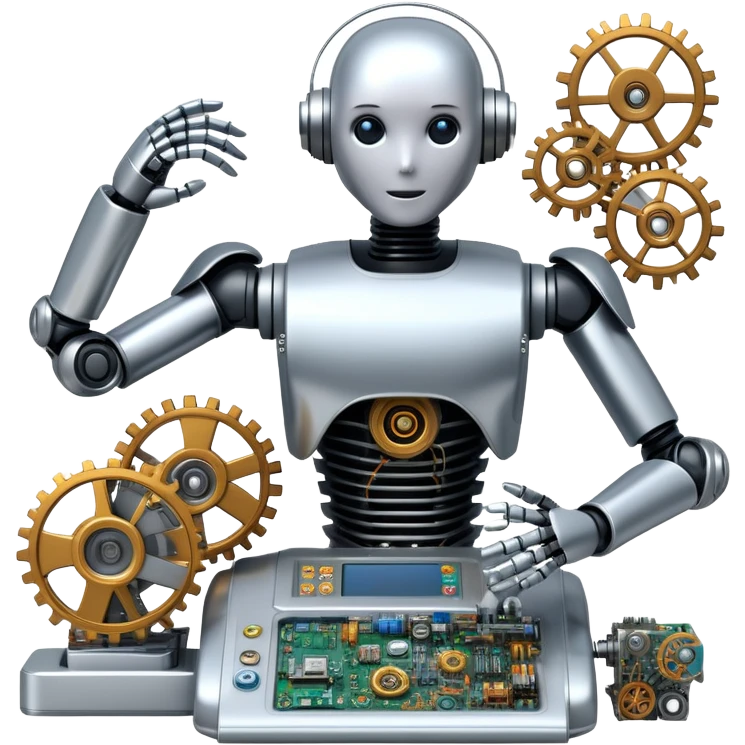 An icon featuring a humanoid robot assembling parts with robotic arms, surrounded by gears, circuit boards, and sensors, symbolizing robotics. The design includes a control panel and AI interface, representing automation, engineering, and innovation. Transparent background. emoji