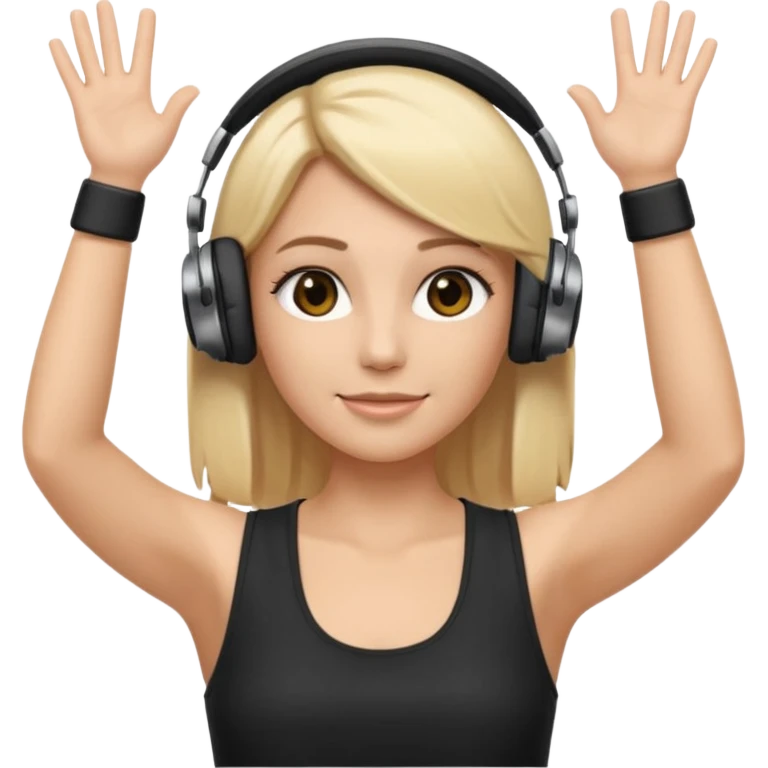 I want a white female dj animated gif emoji with long straight centre parting blonde hair, brown eye brows and putting hands up in the air. Wearing a black tight top with no sleeve. Also wearing DJ headphones  emoji