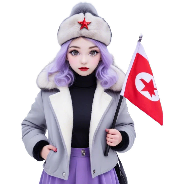 Russian Girl with lavender hair faded black in the bottom + wavy hair
white ushanka +Soviet pin
light grey jacket with light purple fur
grey skirt
dark grey leggings
light grey boots with light purple fur
grey eyes
snow white color skin
holding a Russian flag
is in Moscow Russia emoji