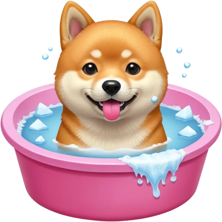 ice bath with a dog in id from wood round. write ice bath  on the ice bath and make it high quality. the dog is a shiba inu. the ice bath has a lot of ice and on the floor emoji