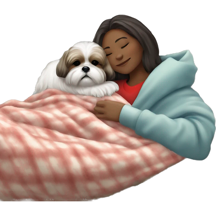 Shih tzu dog and human woman sleeping on couch with fluffy blanket Christmas emoji