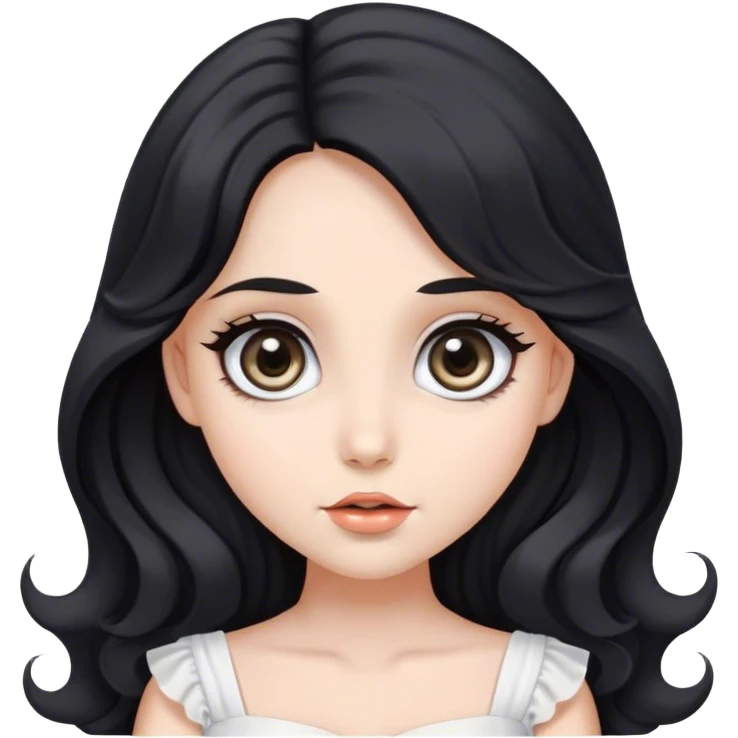 beautiful and pretty woman with big eyes, long wavy black hair, gray eyes, and wearing a white dress emoji