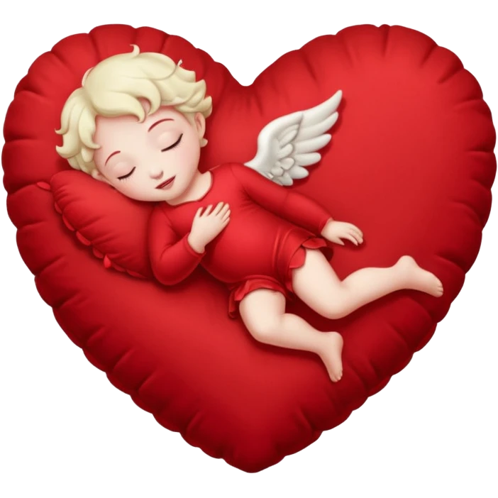 A lifelike photograph shows a pale Cupid sleeping on a giant, soft, heart-shaped cushion. emoji