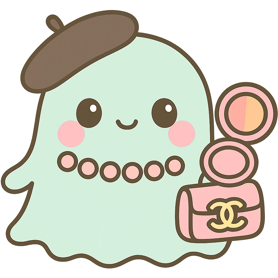 Move the blush compact to the ghost's other hand. Make the blush inside the compact half pink and half orange. Keep the black beret and pink Chanel purse. Kawaii style with no background. emoji
