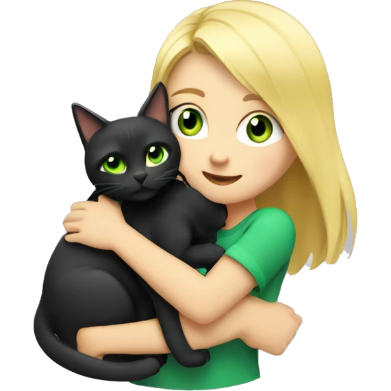 blonde with blue eyes girl hugs a black cat with green-yellow eyes blonde girl hugs a gray cat with green-yellow eyes emoji