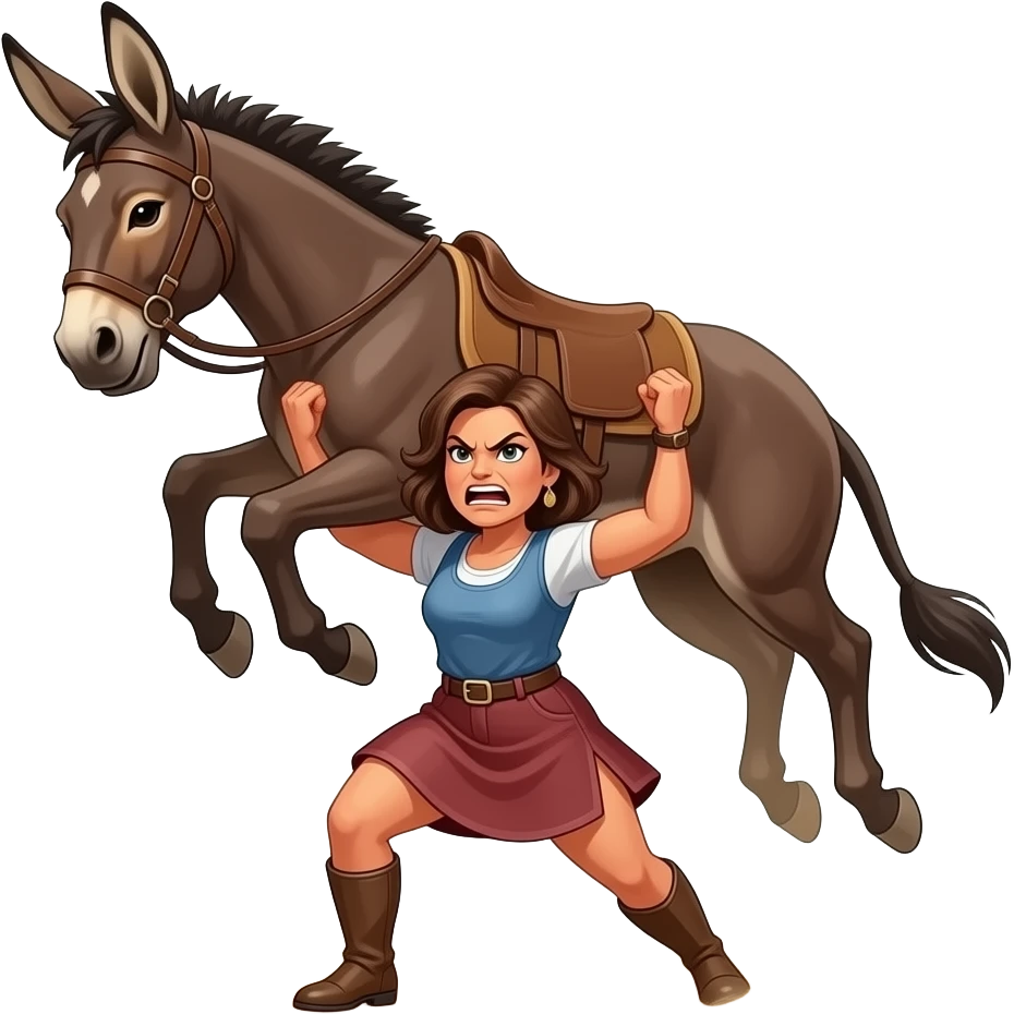 a woman lifting up a donkey with a mad face emoji