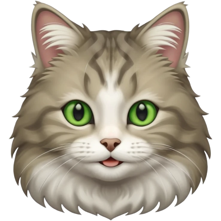 Siberian forest cat grey and white with white around eyes and green eyes smiling emoji